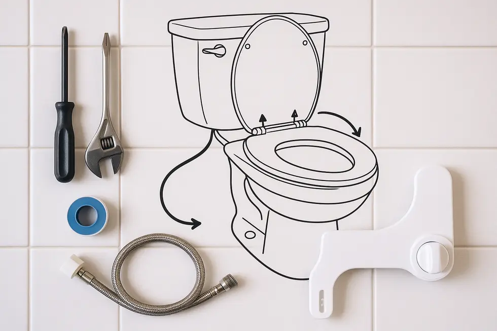 A modern bathroom featuring a bidet attachment installed on a regular toilet.
