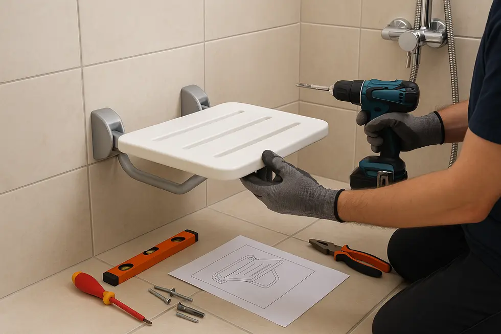 Ergonomic wall-mounted shower seat in a hotel bathroom setting emphasizing safety.