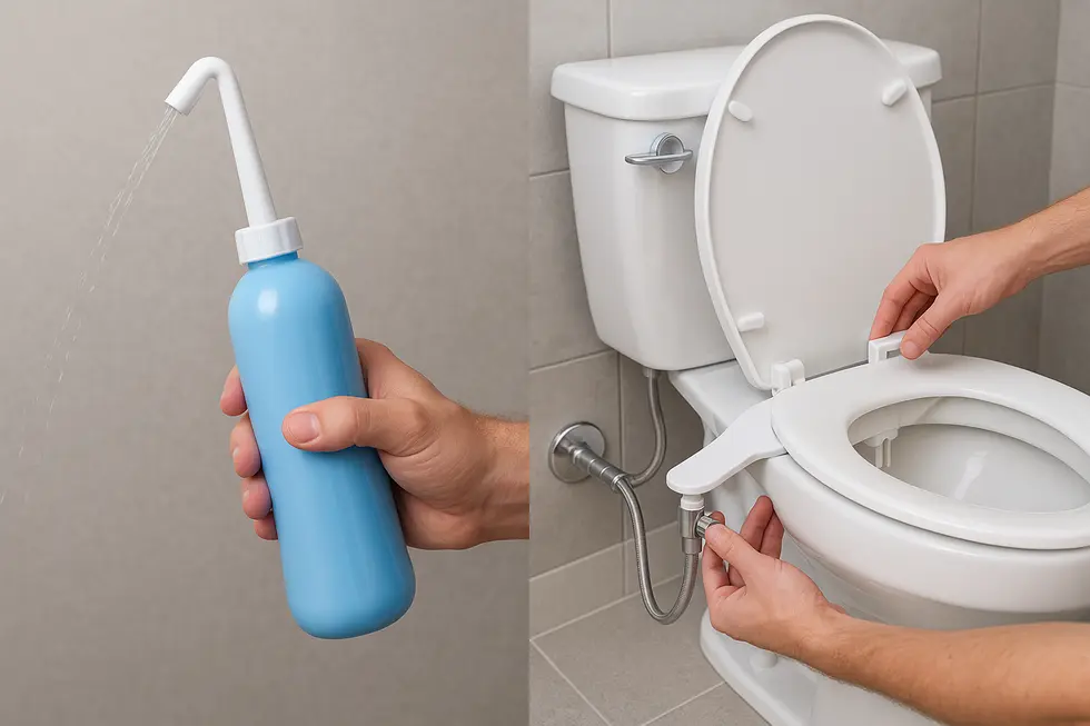 A visual comparison highlighting the design and portability of a travel bidet and a bidet attachment.