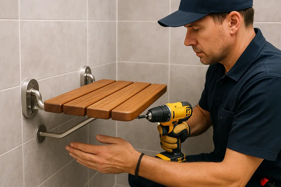 Diverse designs and materials of wall mounted wooden shower seats displayed.