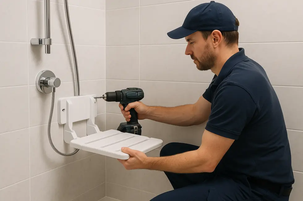 Professional installation of a senior wall-mounted shower seat.