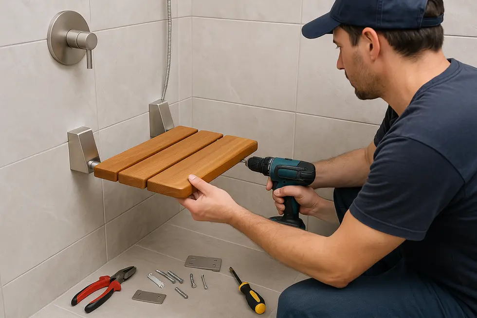 Close-up of a teak wall-mounted shower seat showcasing its design and material quality.