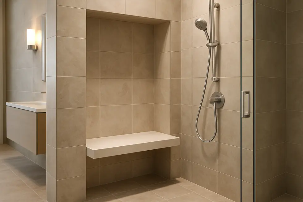 A modern bathroom with a recessed wall-mounted shower seat seamlessly integrated into the design.