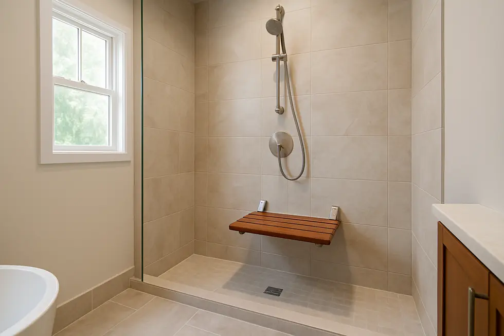 A luxurious bathroom with a wooden shower seat mounted on the wall.