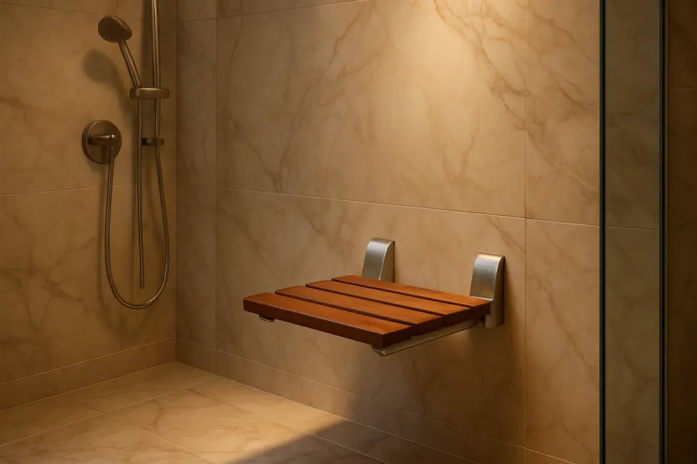 A sophisticated wall-mounted teak shower seat in an elegant bathroom setting.
