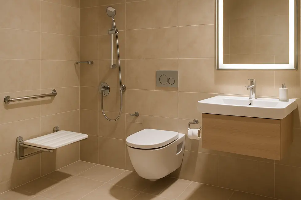 A luxurious hotel bathroom with wall-mounted shower seat and toilet, designed for ultimate guest comfort.