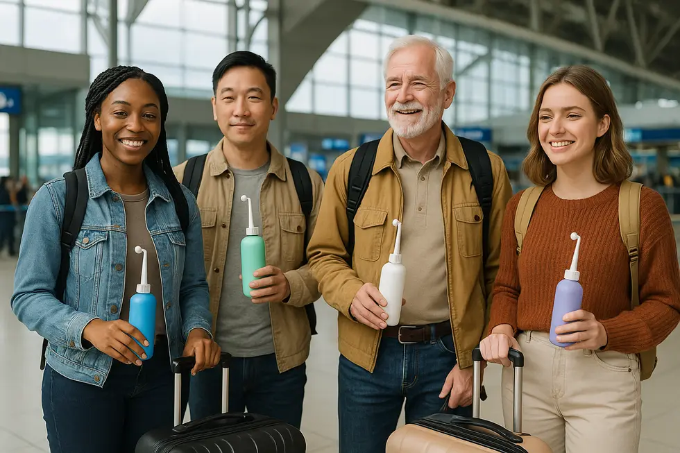 A portable bidet designed for easy use in airplane restrooms, highlighting its compact form factor.