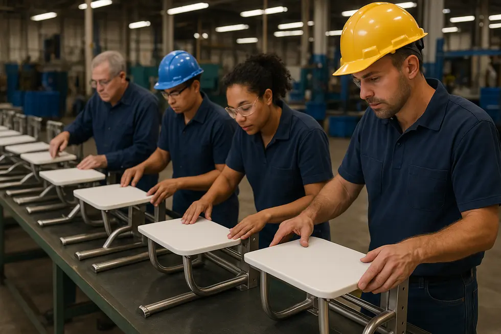 Manufacturing process of wall-mounted shower seats with emphasis on quality control.