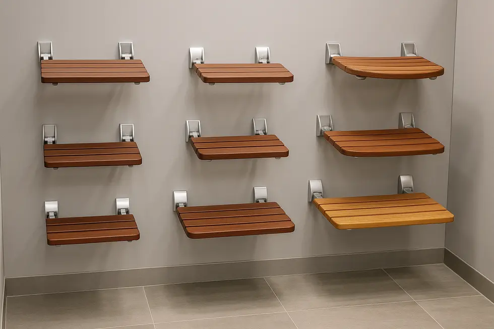 Modern bathroom featuring a teak wall-mounted shower seat.