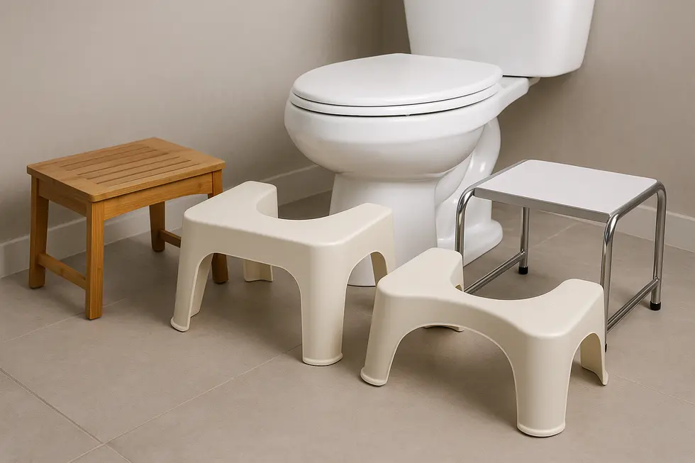 Comparison of standard and chair-height toilets with corresponding toilet stools.