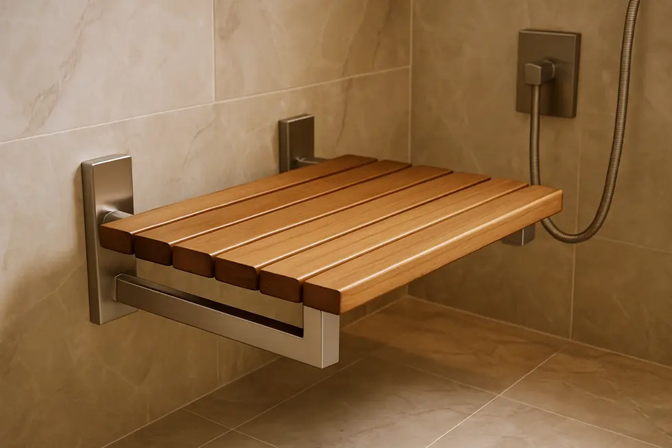 A luxurious shower bench combining teak wood and stainless steel.