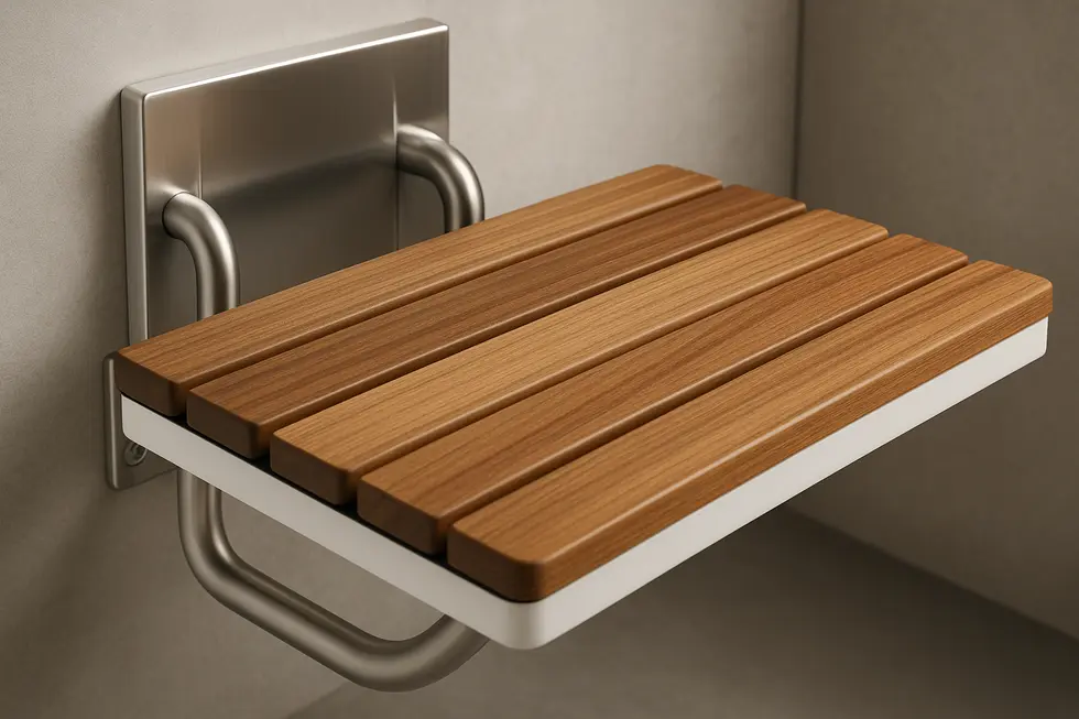 A wall-mounted shower seat demonstrating compliance with safety standards.