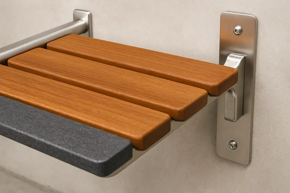 Image of a wall-mounted shower seat highlighting its technological specifications and compliance with safety standards.