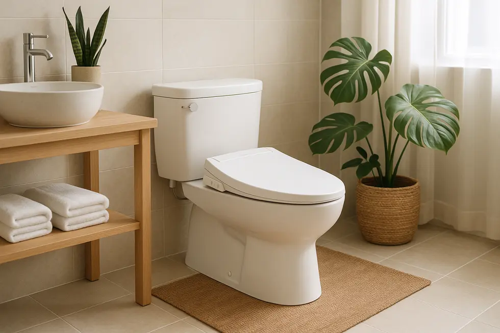 A modern bathroom with a central water-saving bidet, surrounded by eco-friendly decor and materials.