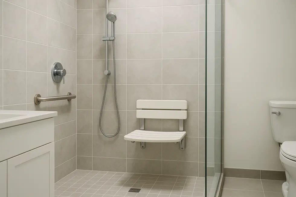 A modern bathroom featuring a newly installed wall-mounted shower seat, emphasizing accessibility and style.