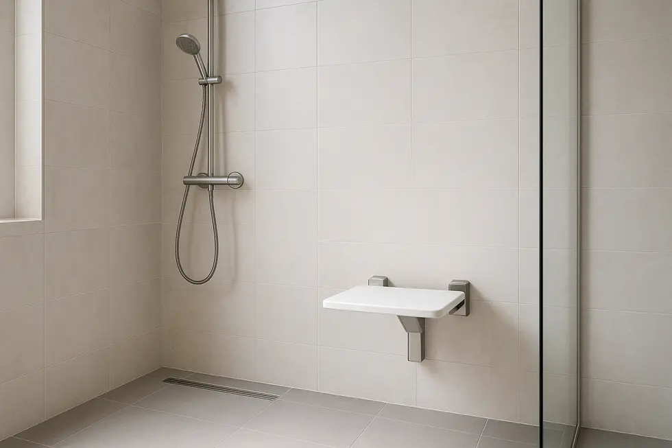 A clean and modern bathroom interior with an installed wall-mounted shower seat.