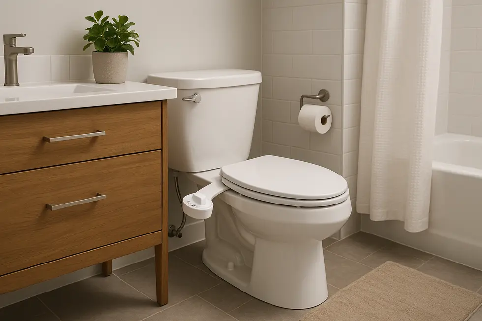 Modern bathroom image showcasing a toilet with a non-electric bidet attachment.