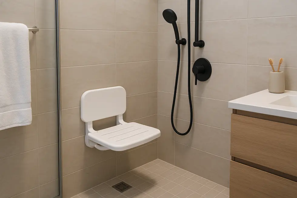 A bathroom showcasing a plastic wall-mounted shower seat, emphasizing safety and design.