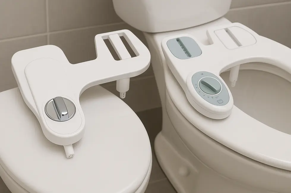 A modern bathroom featuring a bidet attachment installed on a regular toilet.