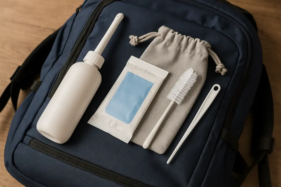 Hands demonstrating the filling and use of a portable bidet in a family-friendly setting.