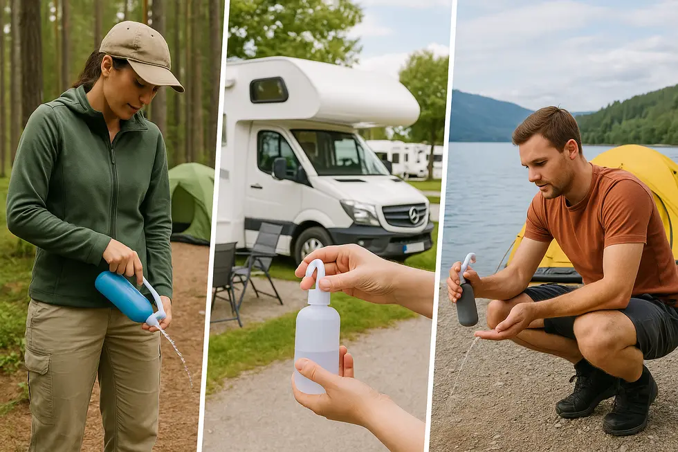A collage showing campsite scenarios with different portable bidet types.
