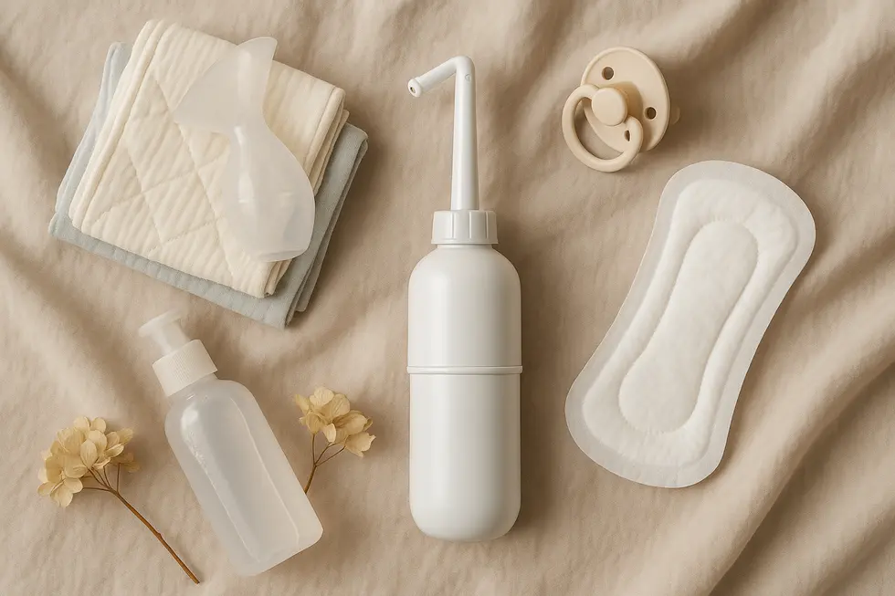 A portable bidet among postpartum care items, symbolizing its significance in recovery.