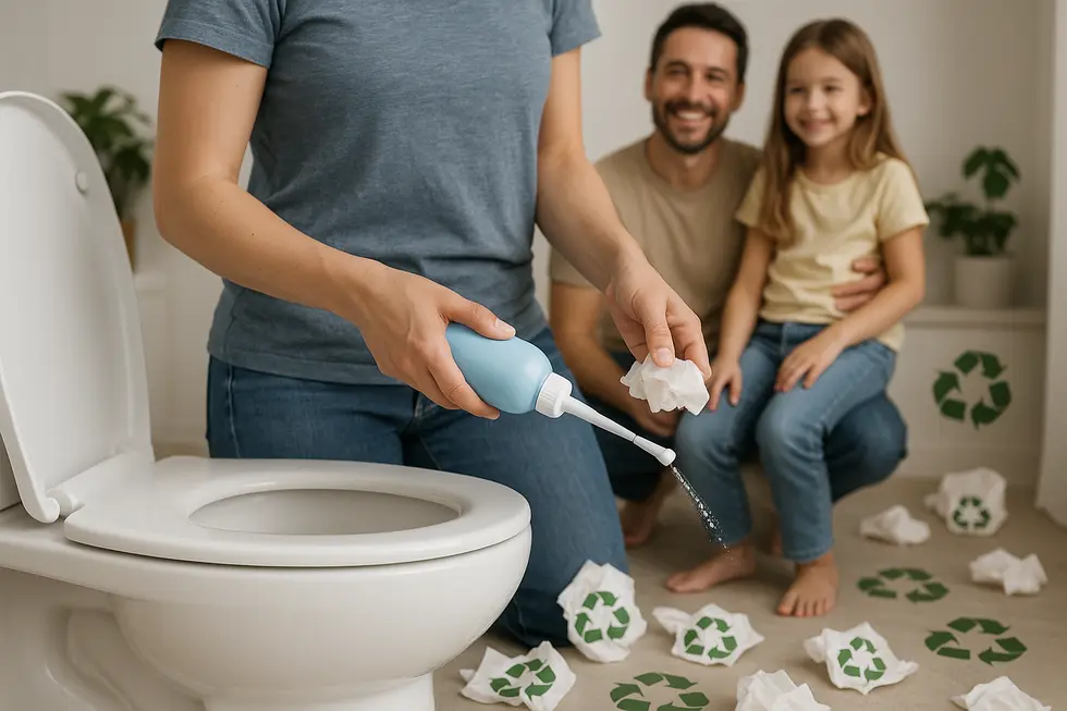Cover showcasing a portable bidet in use with recycling symbols, emphasizing eco-friendly personal hygiene for families.