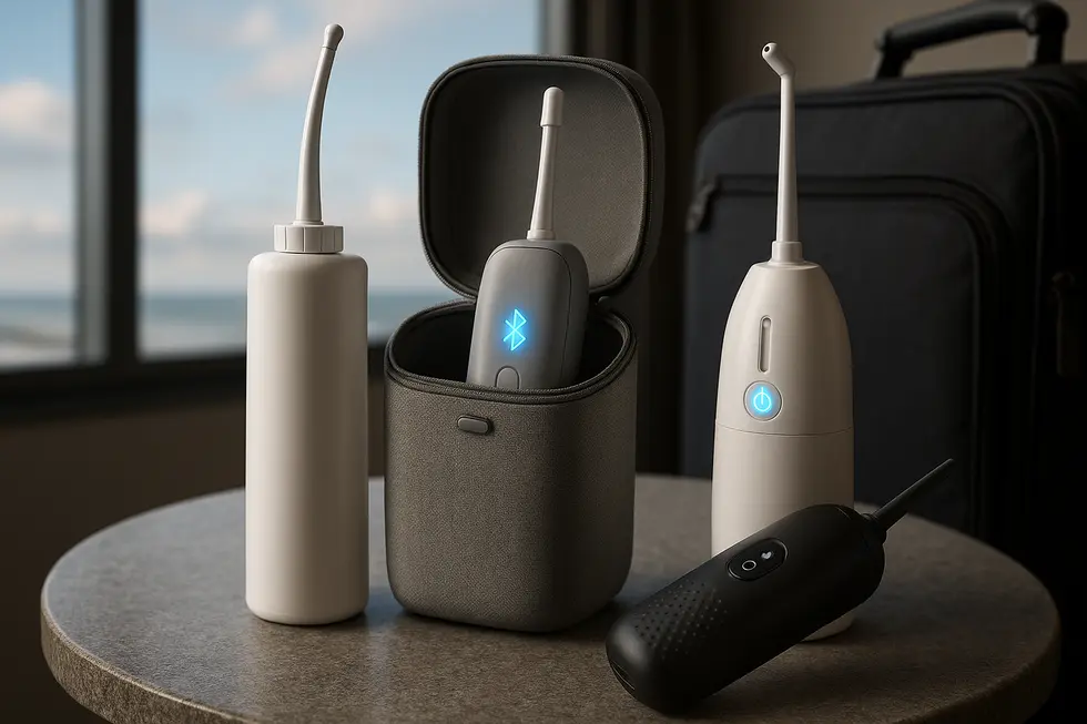 Modern portable bidet devices showcasing advanced technological features for travel.
