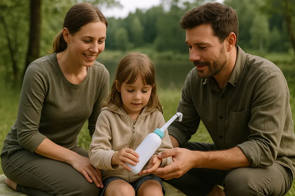 A family embracing eco-friendly travel with a portable bidet.