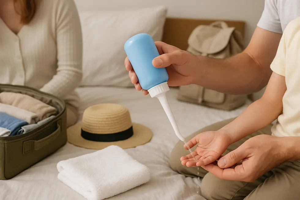 Portable bidet displayed with travel items, emphasizing ease of hygiene while traveling.