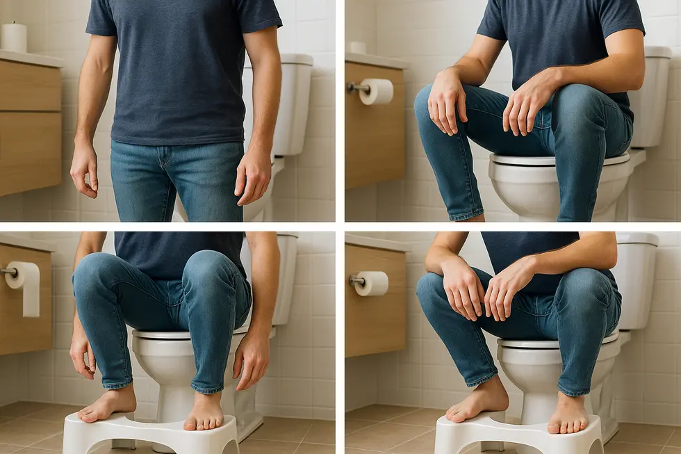 Diagram showing the physical benefits of squatting posture using a toilet stool.