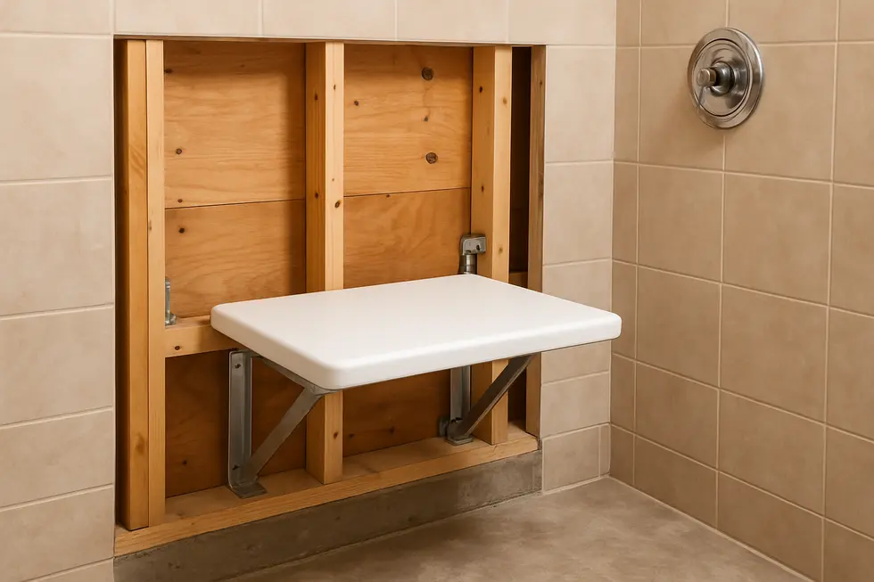 A modern bathroom showcasing a seamlessly integrated recessed wall-mounted shower seat.