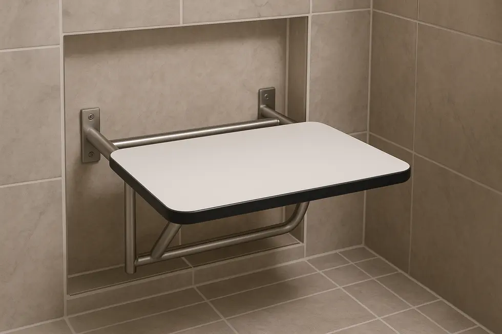 A modern bathroom showcasing a seamlessly integrated recessed wall-mounted shower seat.