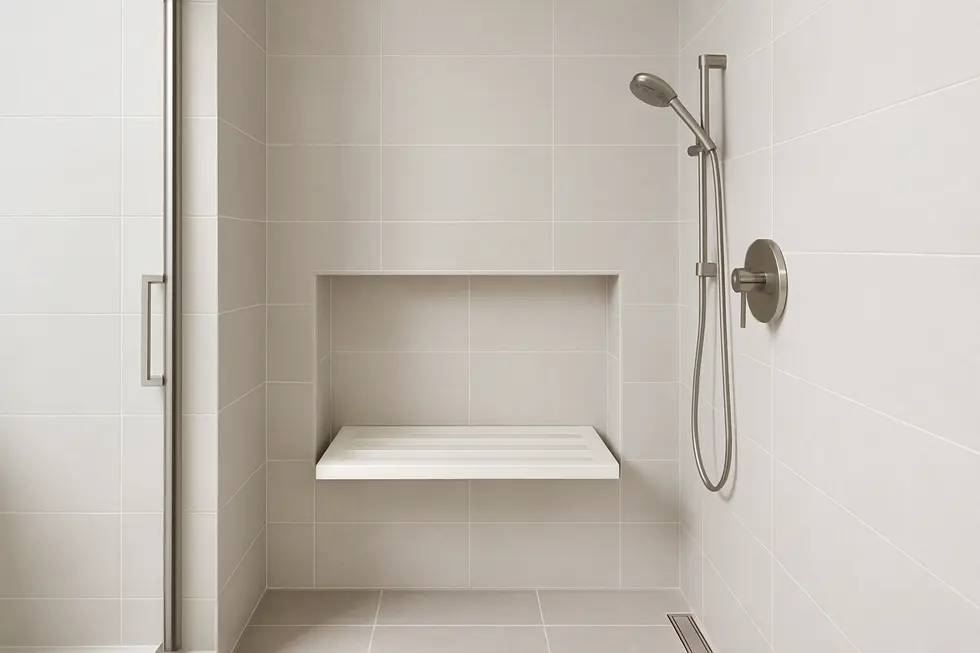 A modern bathroom showcasing a seamlessly integrated recessed wall-mounted shower seat.