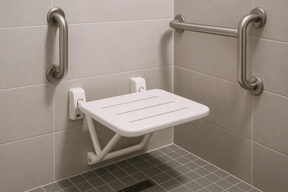 Hospital-grade shower seat showcasing safety features such as rounded edges and optional grab bars.