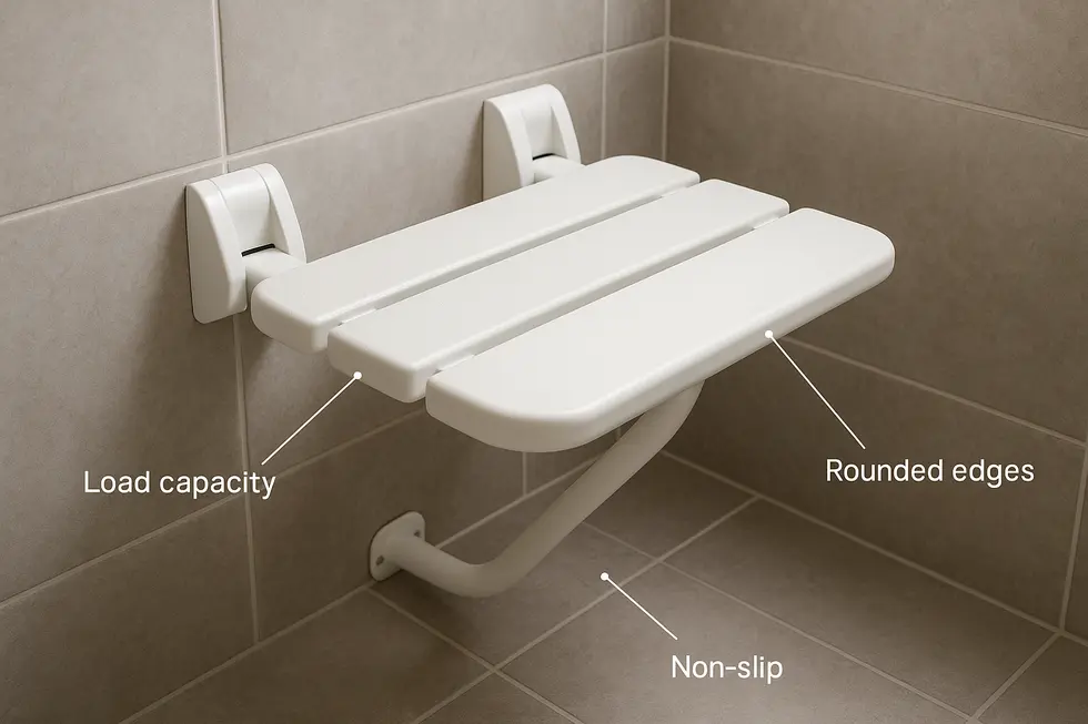 Comparing materials: Teak, phenolic resin, and stainless steel in shower seat construction.