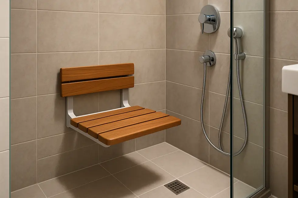Ergonomic wall-mounted shower seat in a hotel bathroom setting emphasizing safety.