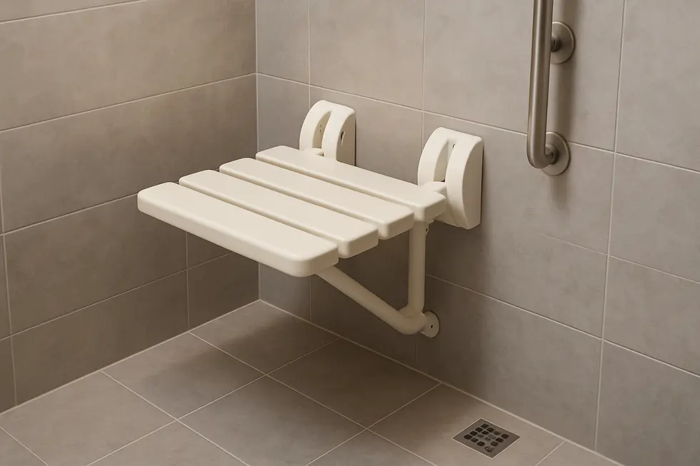 A wall-mounted shower seat illustrating safety features and high load-bearing capacity.