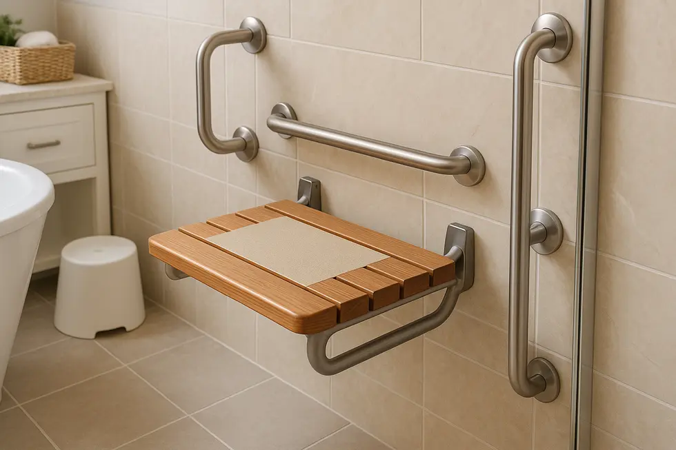 Modern bathroom featuring a teak wall-mounted shower seat.