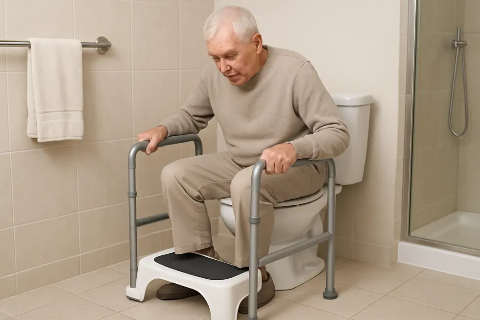 An assortment of toilet stools emphasizing their ergonomic features and safety designs tailored for elderly users.