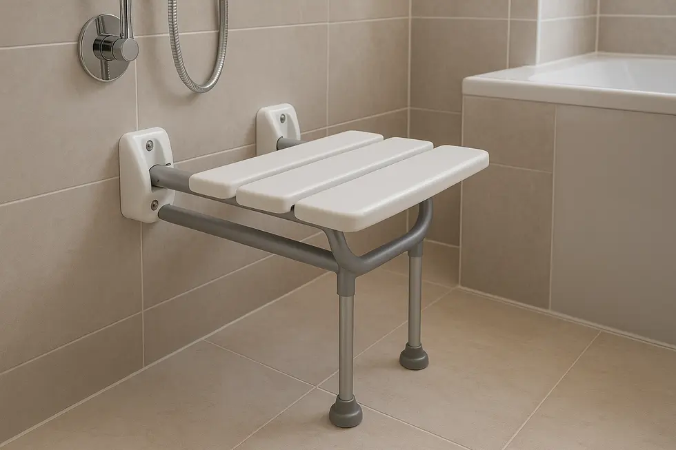 A wall-mounted shower seat demonstrating compliance with safety standards.