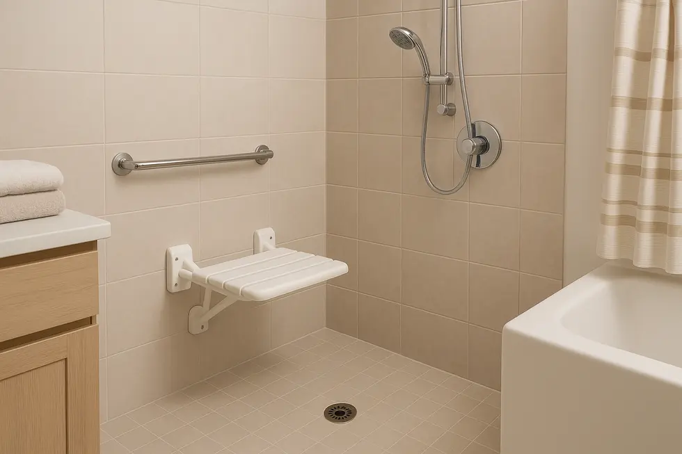A robust plastic wall-mounted shower seat exemplifying durability in a wet environment.