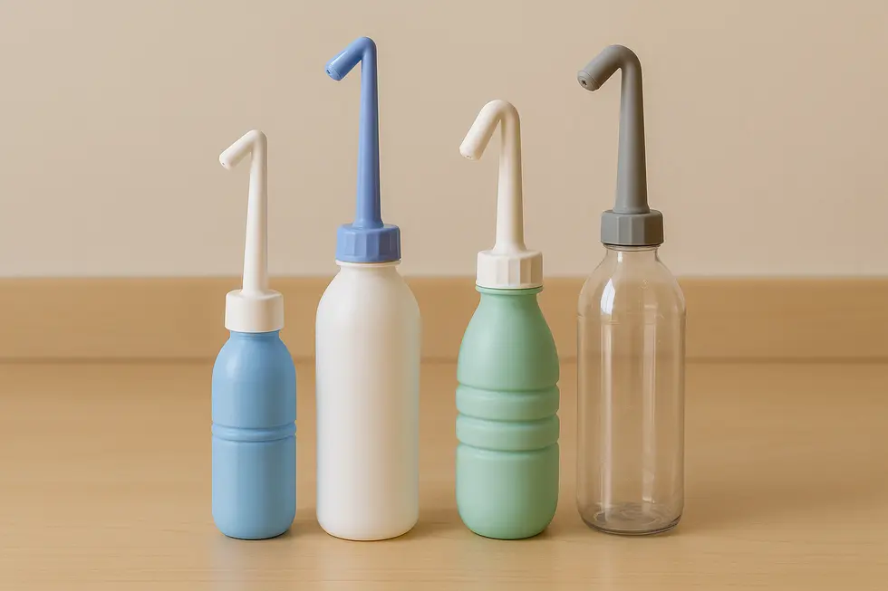 Demonstrating the proper use of a portable bidet in a family-friendly setting.