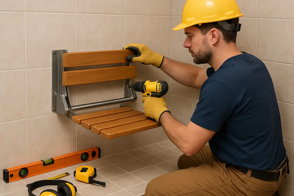A sleek, teak wood shower seat highlighting its design and material elegance.