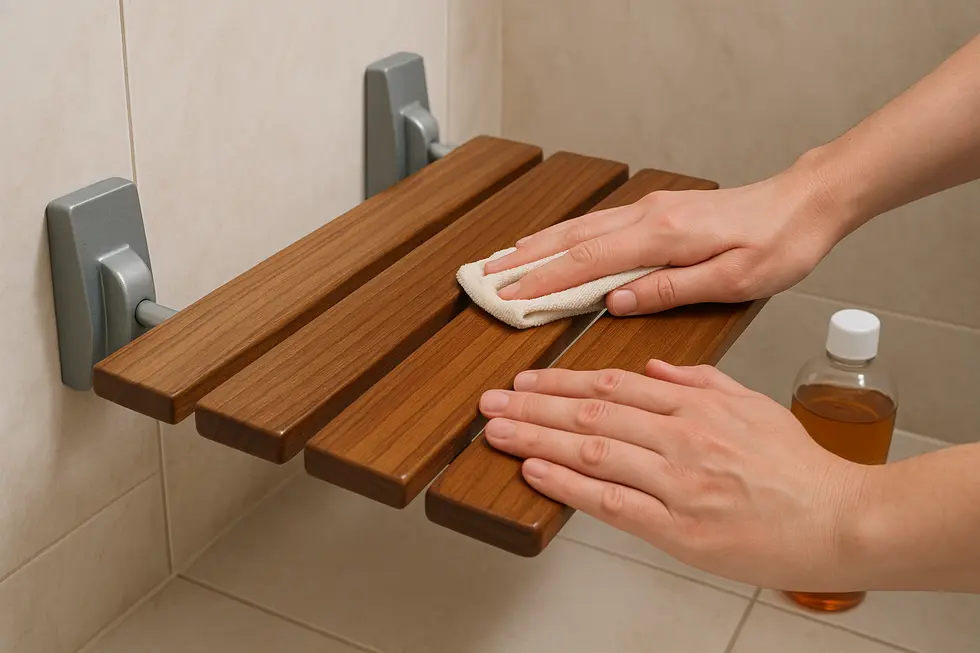 A sleek, teak wood shower seat highlighting its design and material elegance.