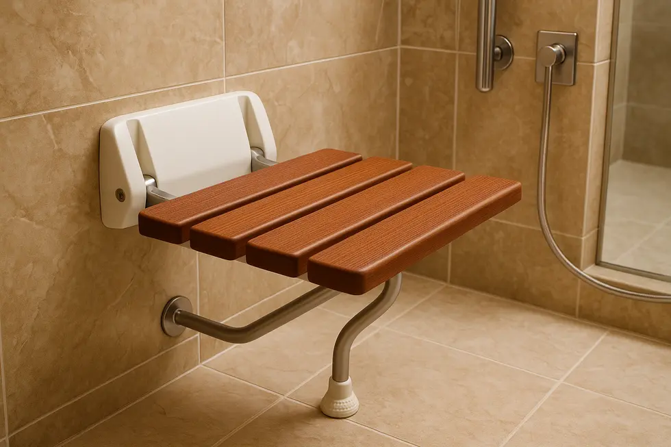 Close-up of a teak wall-mounted shower seat showcasing its design and material quality.