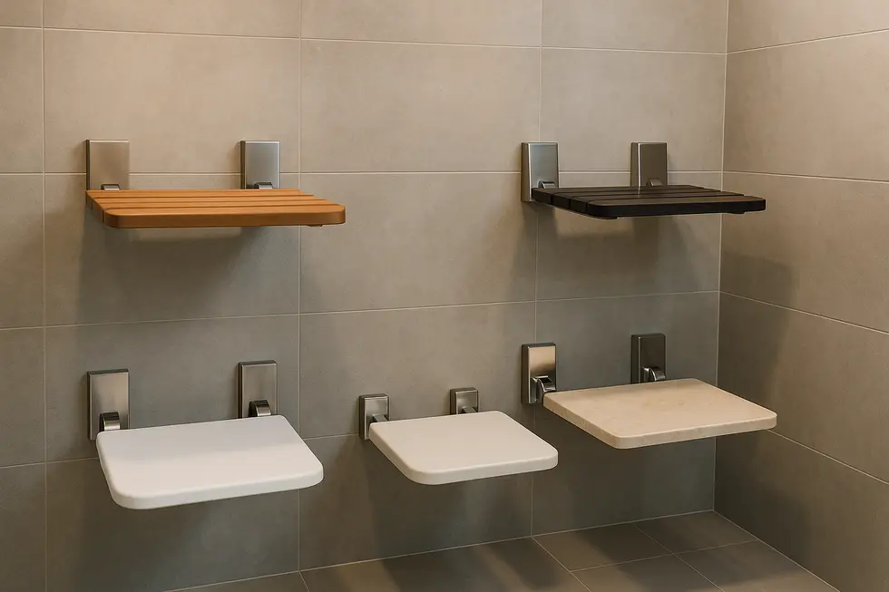 A sophisticated wall-mounted teak shower seat in an elegant bathroom setting.