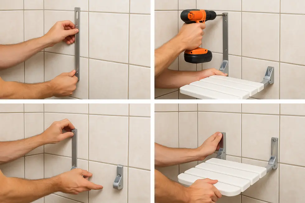 Wall-mounted shower seats in different materials and finishes on display.