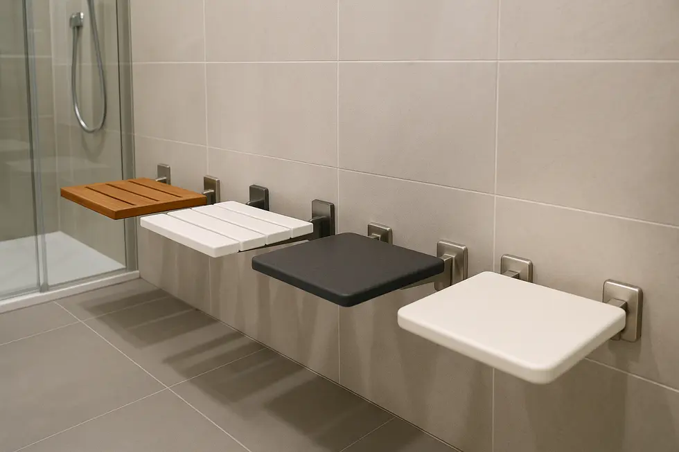Wall-mounted shower seats in different materials and finishes on display.
