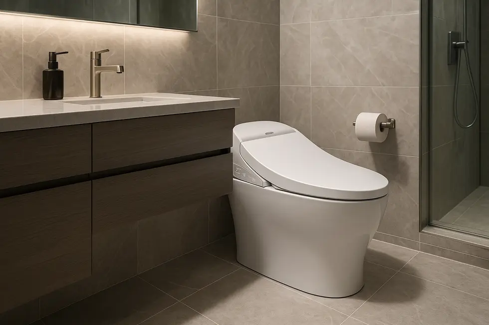 A modern bathroom featuring a smart bidet toilet seat, illustrating its design and technology.
